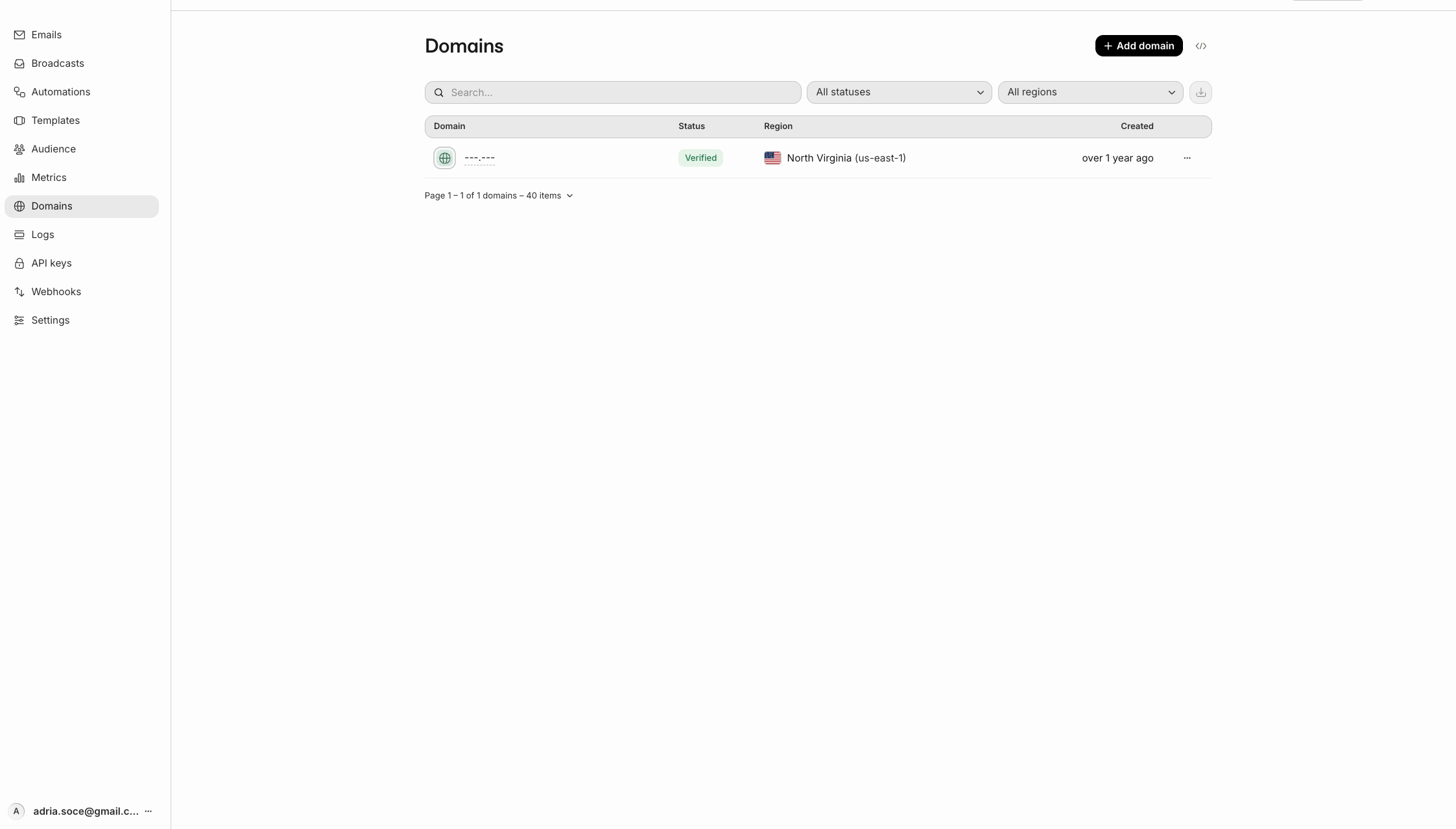 Panel Domains de Resend