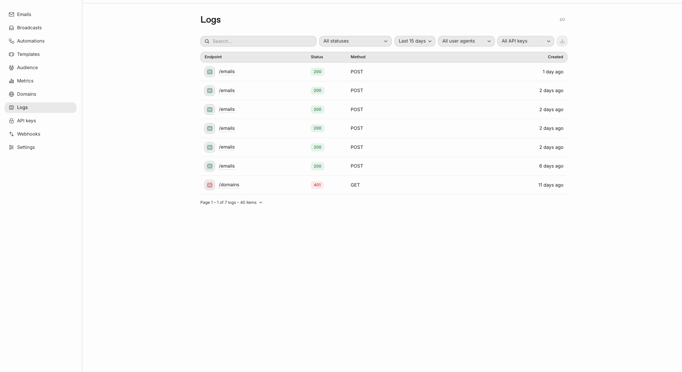 Panel Logs de Resend mostrando el estado de los emails
