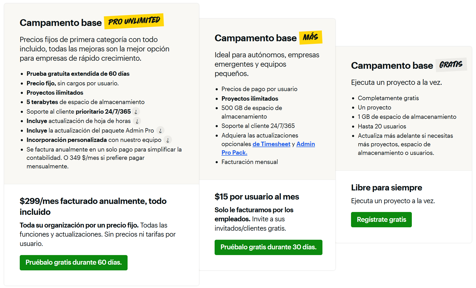 Tabla de precios de Basecamp con los planes Free, Plus y Pro Unlimited