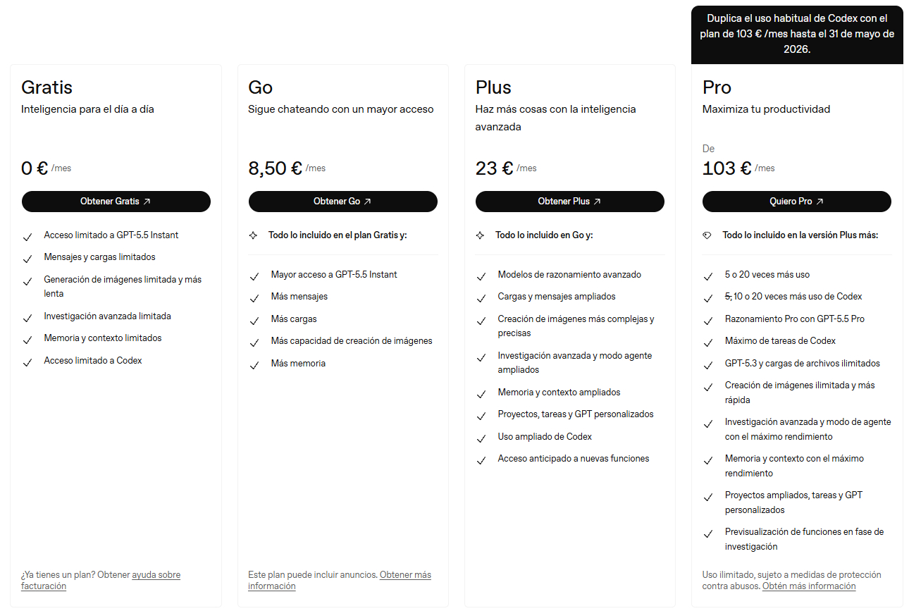 Tabla de precios de ChatGPT con los planes Gratis, Go, Plus y Pro