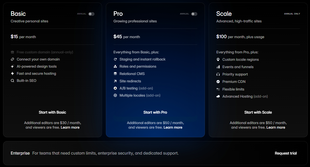 Tabla de precios de Framer con los planes Basic, Pro y Scale