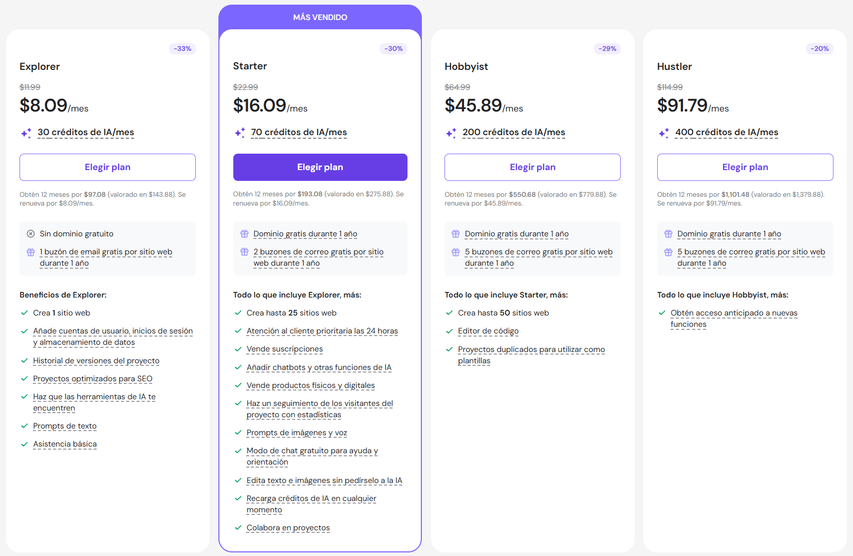 Tabla de precios de Hostinger Horizons con los planes Explorer, Starter, Hobbyist y Hustler