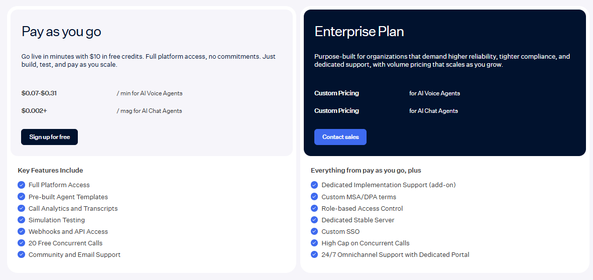 Tabla de precios de Retell AI con los planes Pay as you go y Enterprise.