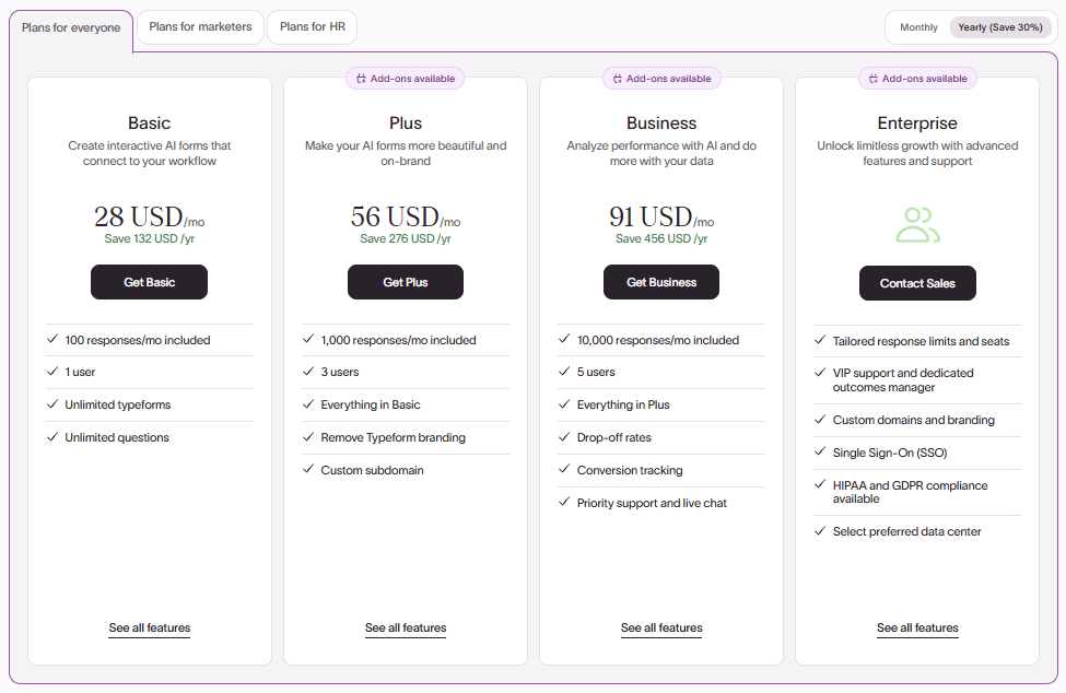 Tabla de precios de Typeform con los planes Basic, Plus, Business y Enterprise.