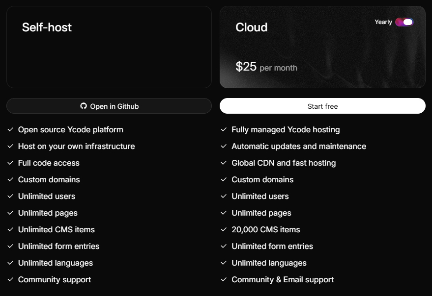 Tabla de precios de YCode con las opciones Self-host y Cloud