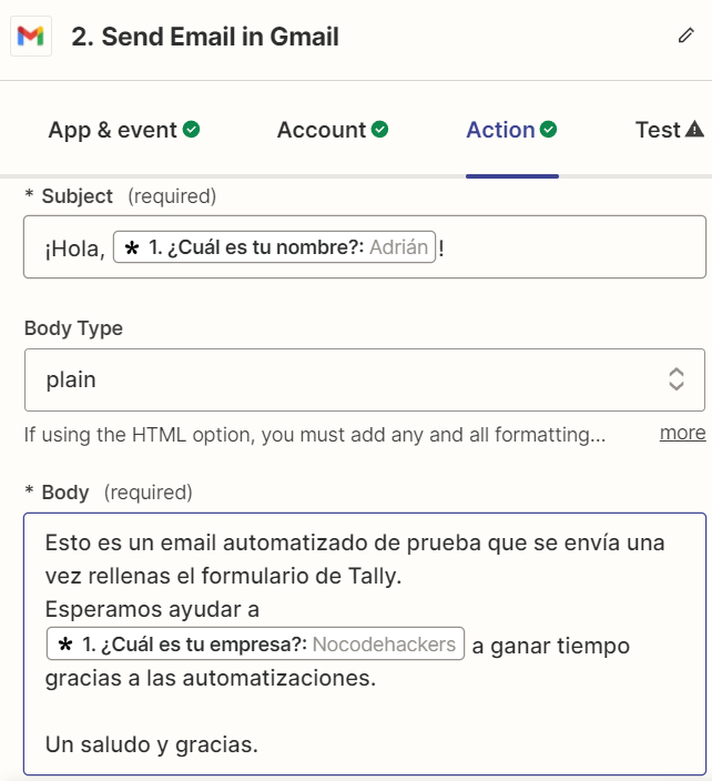 Campo Body de Gmail en Zapier con variables del formulario de Tally insertadas en el asunto y el mensaje