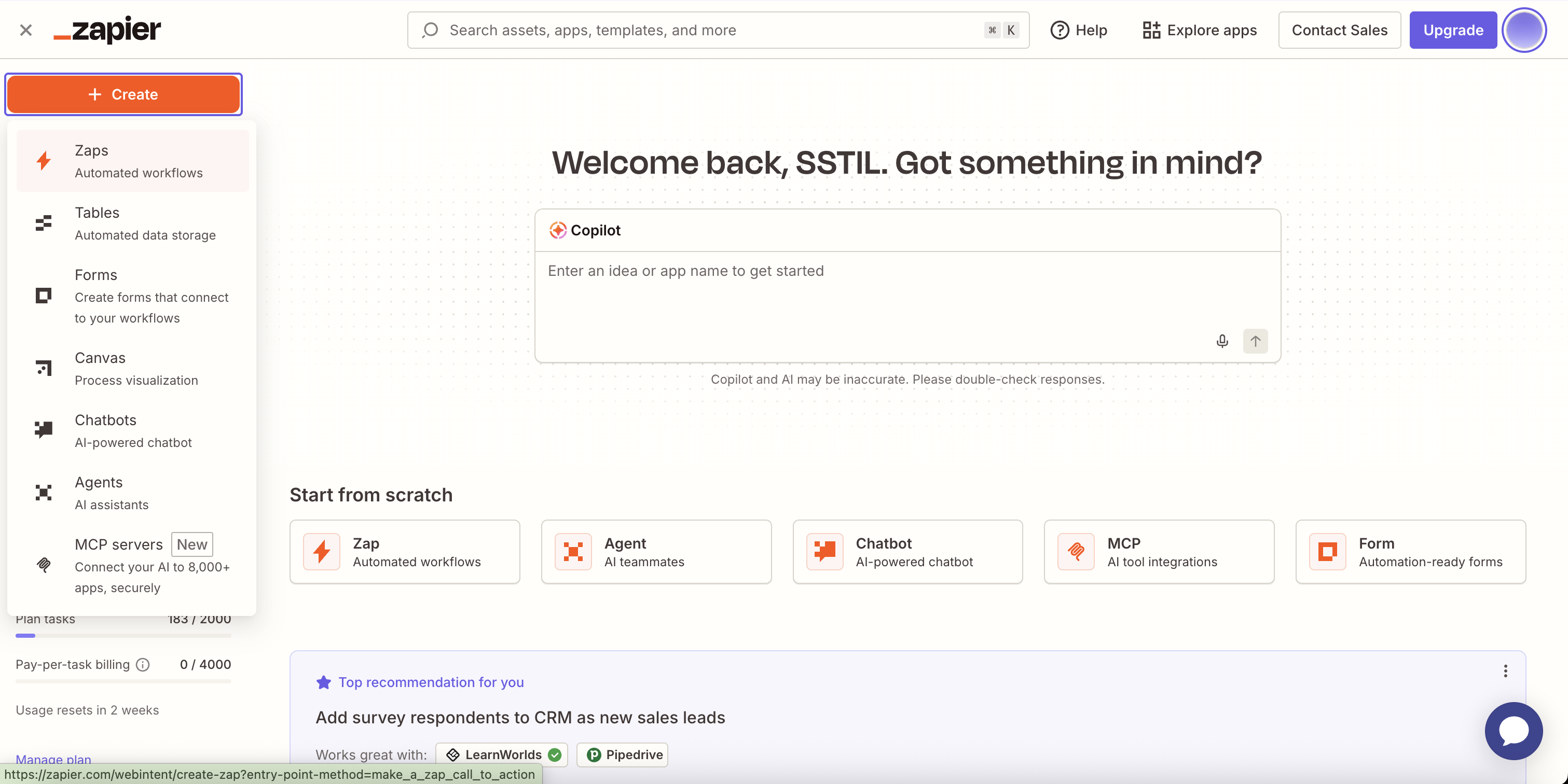 Dashboard de Zapier con el botón + Create desplegado mostrando la opción Zaps