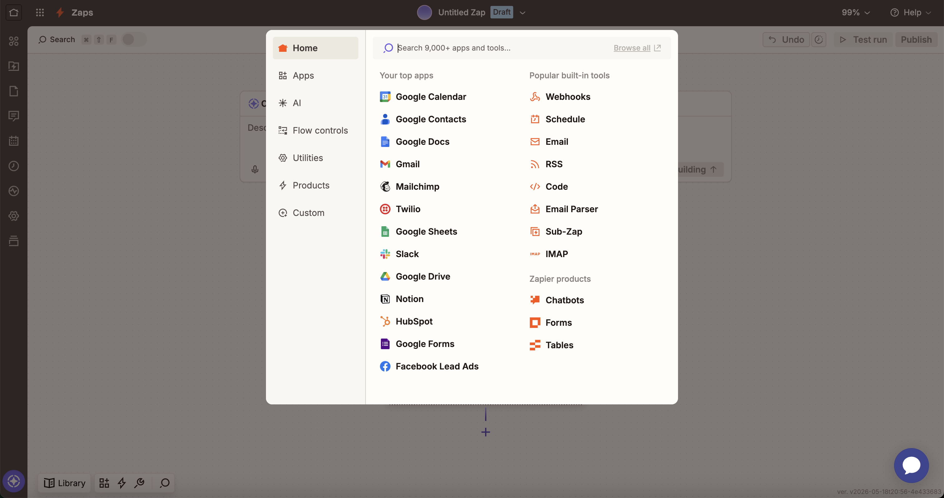 Buscador de apps en el bloque trigger de Zapier
