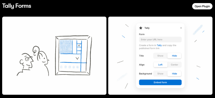 Plugin de Tally Forms en Framer con el panel para pegar la URL del formulario y embeberlo en la web