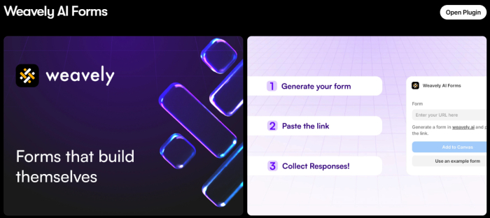 Plugin de Weavely AI Forms en Framer con los tres pasos para generar el formulario, pegar el enlace y recoger respuestas