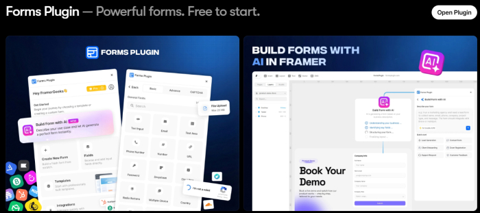 Plugin Forms Plugin de Framer Geeks con generador de formularios por IA y panel de tipos de campo dentro del editor
