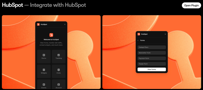 Plugin oficial de HubSpot para Framer con panel de Forms, Tracking, Widgets y listado de formularios HubSpot embebibles