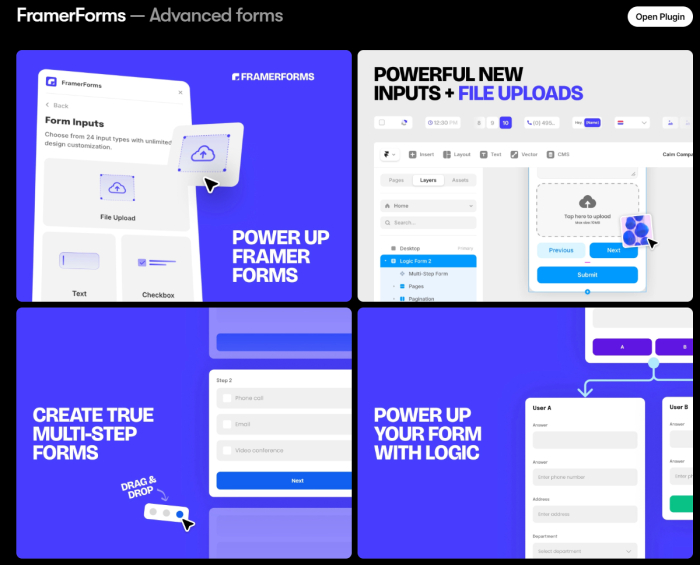 Página de FramerForms en el Marketplace mostrando file uploads, formularios multipaso y lógica condicional