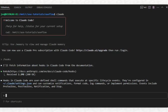 Terminal de Claude Code mostrando una consulta sobre hooks y documentación técnica.