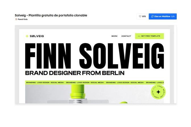 Página de la plantilla Solveig con el nombre Finn Solveig, brand designer from Berlin, en tipografía grande y la navegación Work y Contact