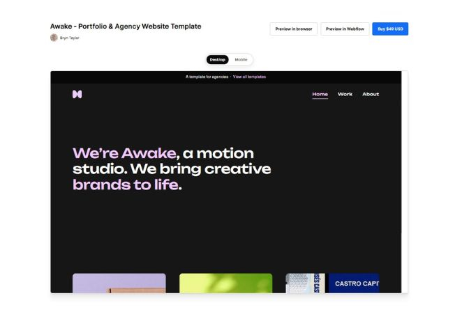 Página de la plantilla Awake con el texto We are Awake, a motion studio sobre fondo negro y una grid de proyectos al pie