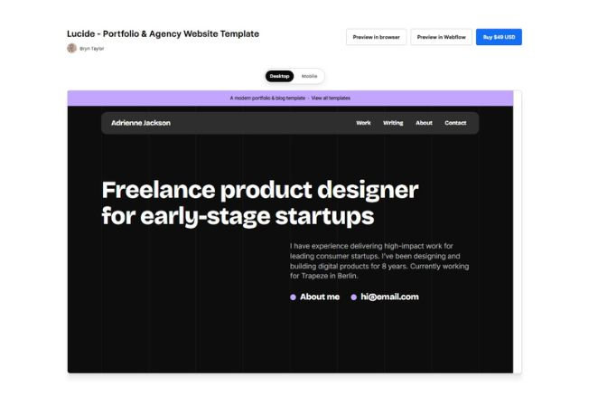 Página de la plantilla Lucide con el texto Freelance product designer for early-stage startups y un menú con apartados Work y Writing
