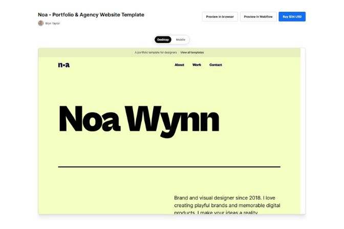 Página de la plantilla Noa con el nombre Noa Wynn en tipografía grande sobre fondo amarillo lima y la navegación About, Work y Contact