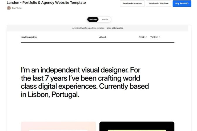 Página de la plantilla Landon con el texto de un diseñador visual independiente sobre fondo blanco y la navegación About, Email y Twitter