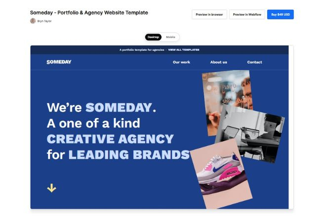Página de la plantilla Someday con el texto We are Someday, a creative agency for leading brands y un collage de fotografías