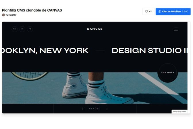 Página de la plantilla Canvas con el texto Brooklyn, New York y Design Studio sobre fondo oscuro y una foto de unas zapatillas