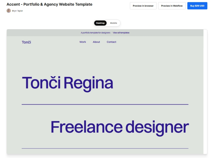 Página de la plantilla Accent con el nombre Tonci Regina y el texto Freelance designer en tipografía índigo sobre fondo gris claro