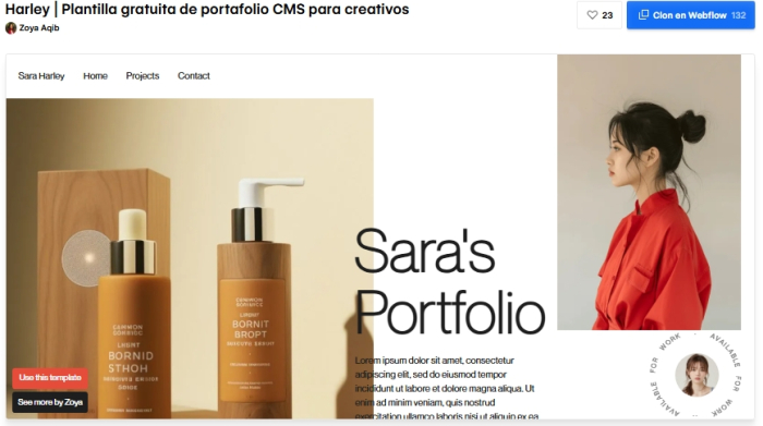 Página de la plantilla Harley con el texto Sara's Portfolio, una foto de productos de cosmética y el retrato de una persona con camisa roja