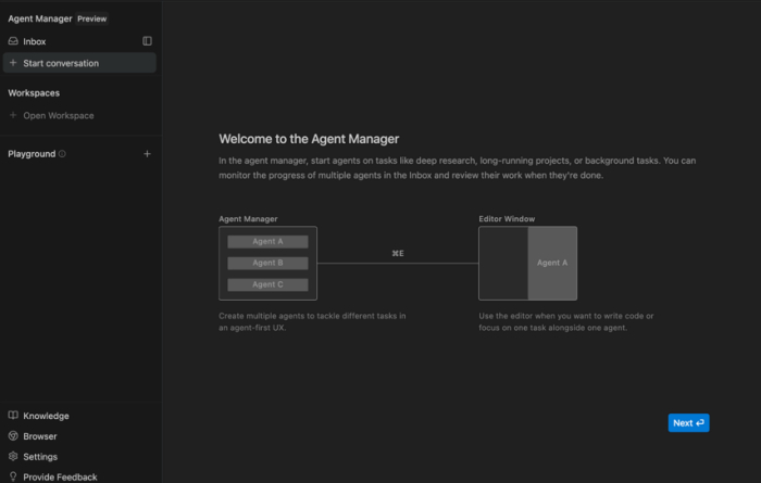 Pantalla del Agent Manager de Antigravity con un esquema de los agentes A, B y C conectados a la ventana del editor