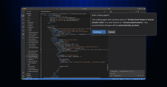 GitHub Copilot en VS Code con el panel de chat abierto y el diálogo para lanzar el agente de codificación en una rama
