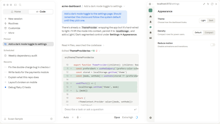 Claude Code en su app de escritorio, con el plan de la tarea y el diff del fichero editado