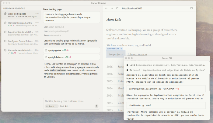 Cursor Desktop con el panel del agente, los ficheros modificados y la vista previa del proyecto abierta