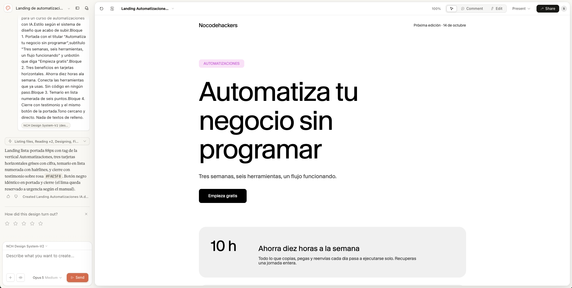 Editor de Claude Design con el chat a la izquierda y la landing generada con el prompt de ejemplo a la derecha