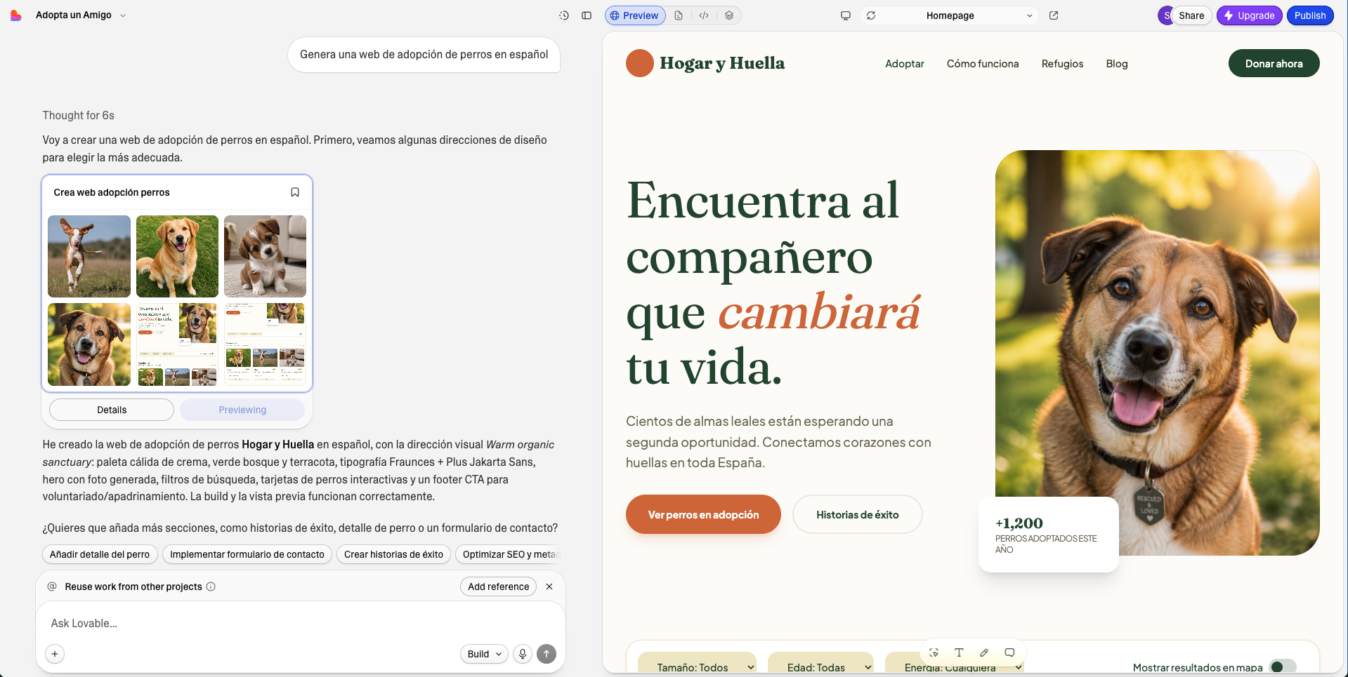 Web de adopción de perros creada en Lovable a partir de un prompt