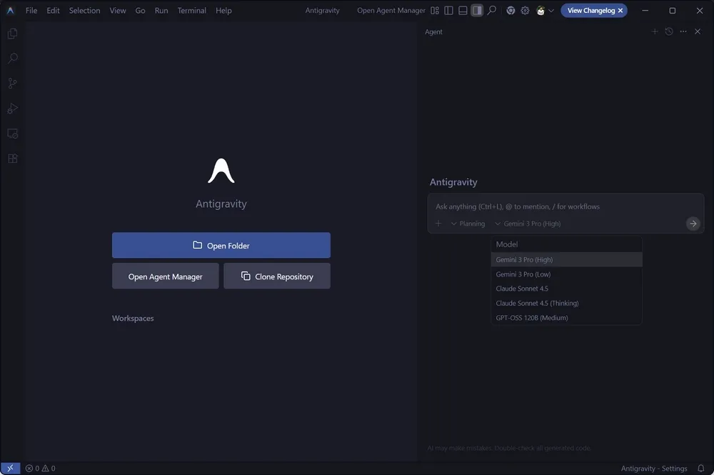 Pantalla de inicio de Antigravity con el desplegable de modelos abierto