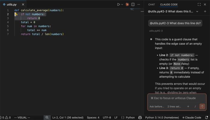 Sesión de Claude Code en VS Code respondiendo al momento a una pregunta sobre dos líneas de código