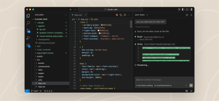 Sesión de Claude Code en VS Code leyendo un archivo y escribiendo los tests de una tarea larga