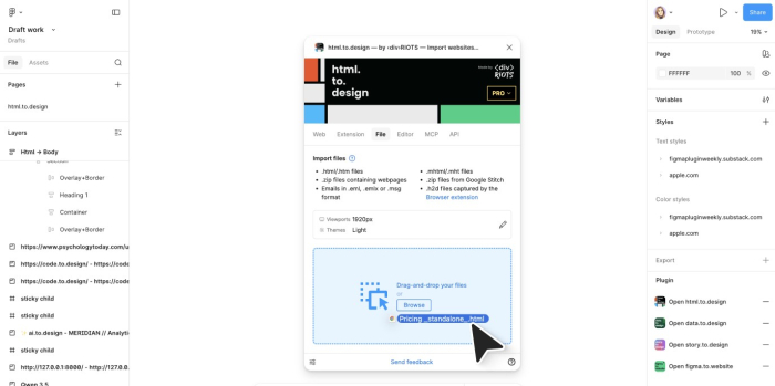 Ventana del plugin html.to.design abierta sobre el lienzo de Figma, con el archivo Pricing_standalone.html soltado en la zona de arrastre y las pestañas Web, Extension, File, Editor, MCP y API