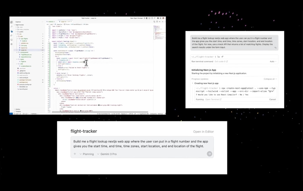 Antigravity con el editor, el Agent Manager y el prompt de una app de vuelos