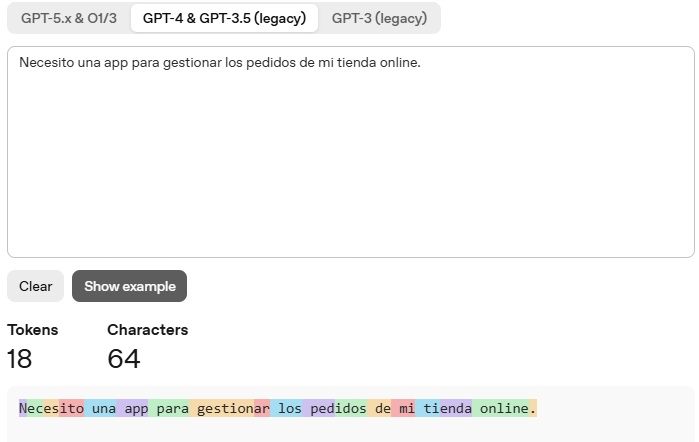 Contador de tokens de OpenAI marcando 18 tokens para la misma frase con el modelo GPT-4