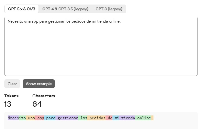 Contador de tokens de OpenAI mostrando 13 tokens y 64 caracteres en una frase en español