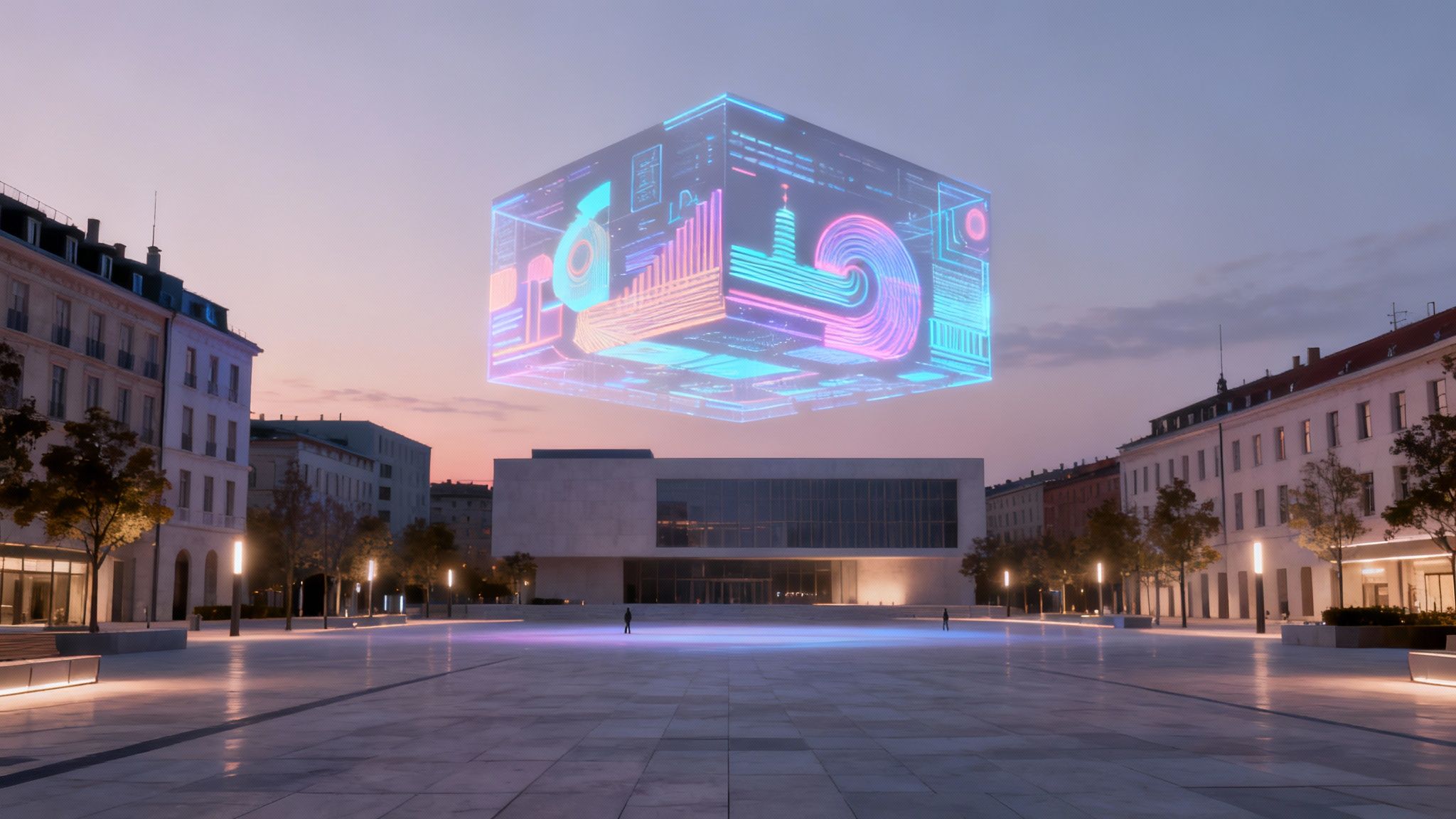 A person interacts with a futuristic digital out of home advertising screen in a modern city.