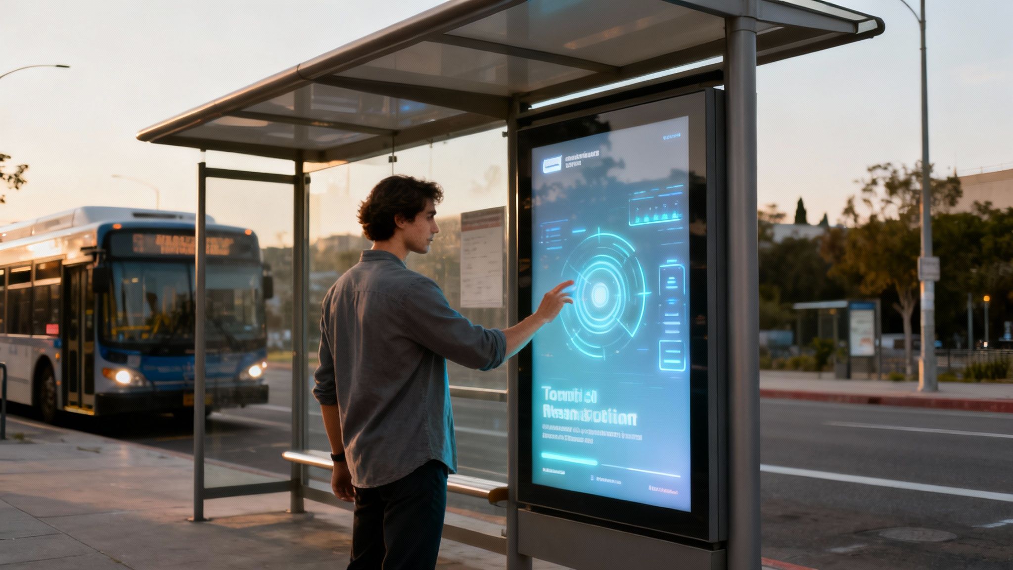 Several digital screens in a public space showing a unified, colorful digital out of home advertising campaign.