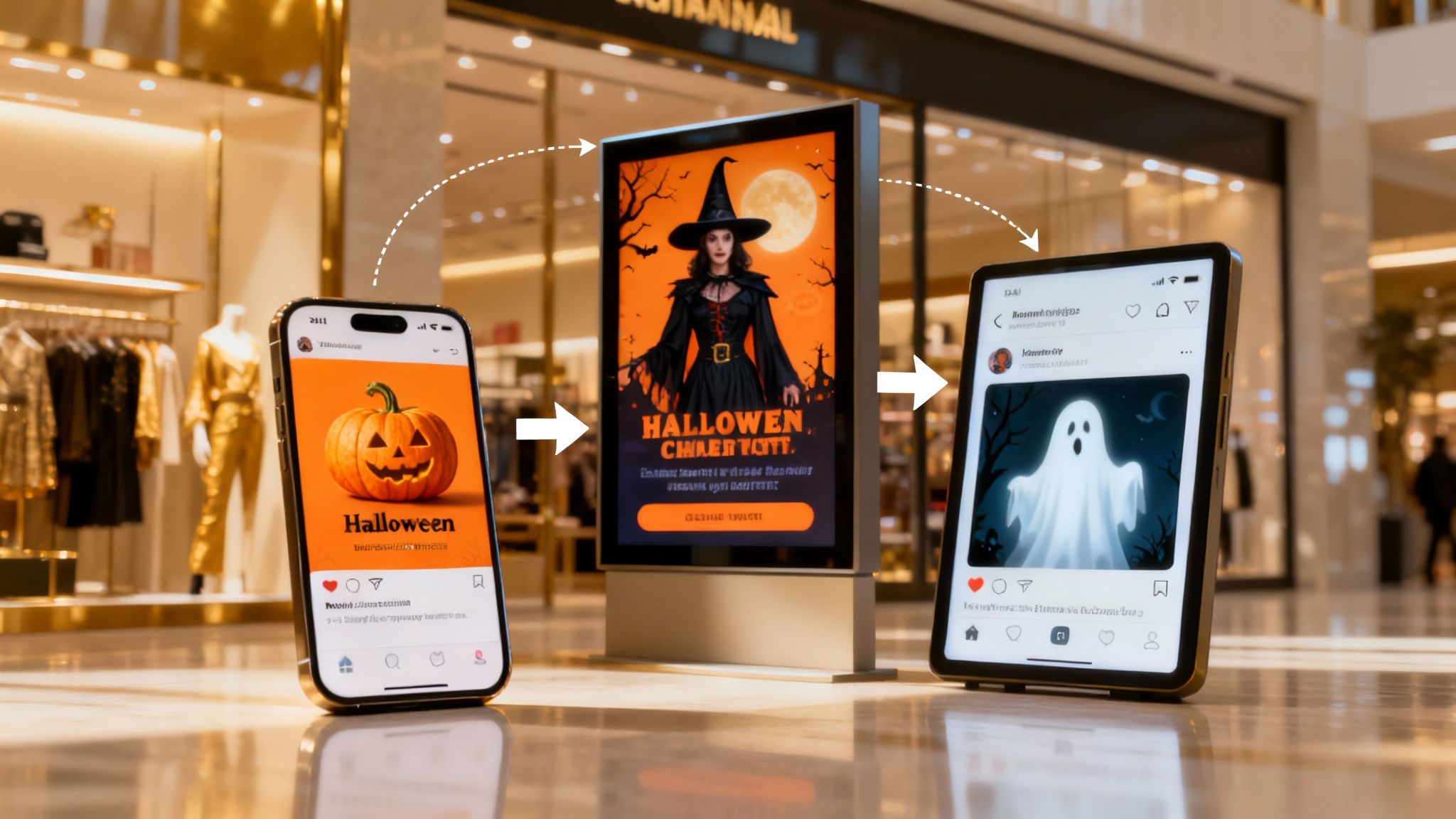 A retail store aisle featuring digital screens displaying Halloween-themed advertisements.