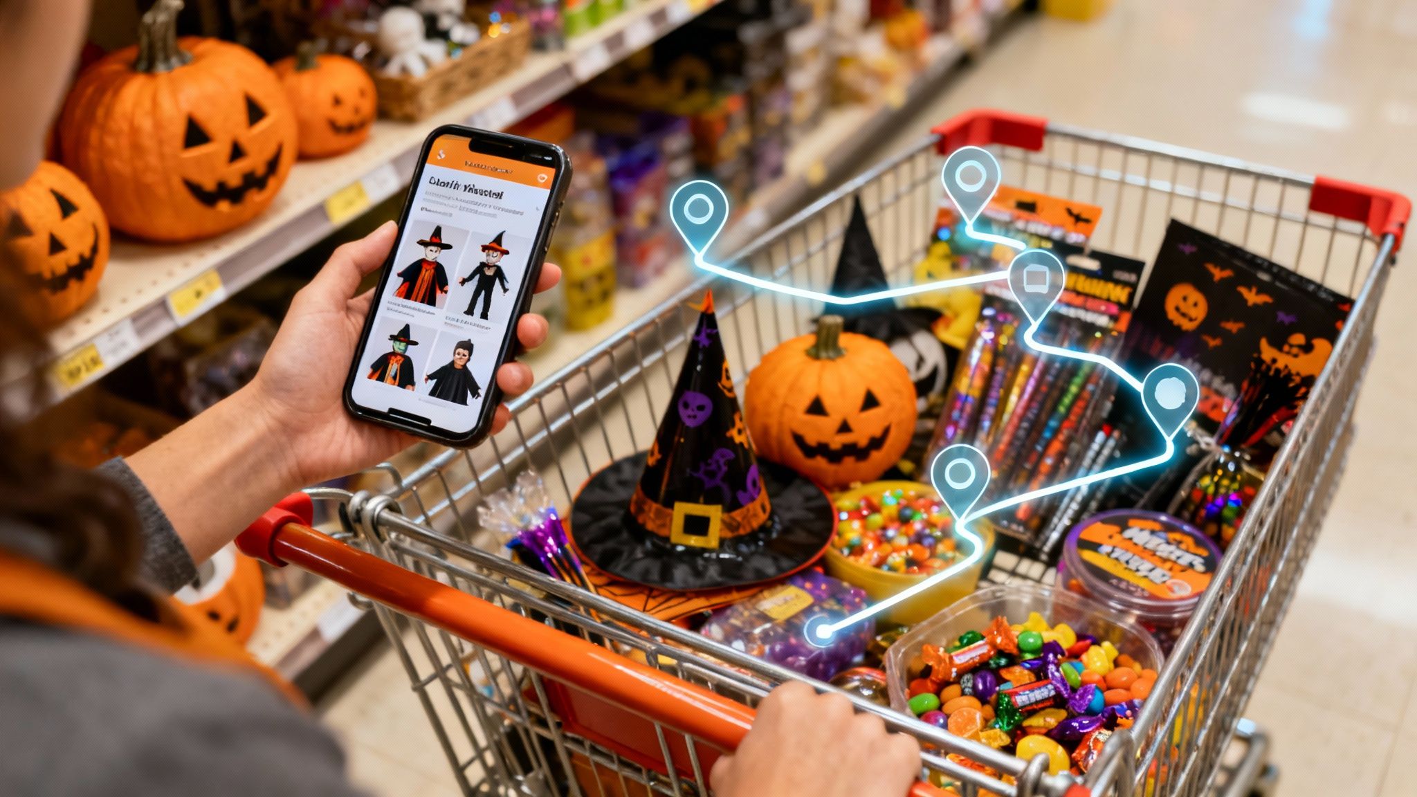 A person using their phone in a grocery store aisle filled with Halloween products.