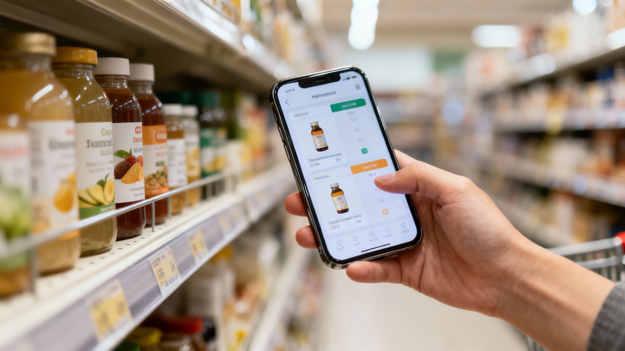 Person using smartphone app to scan product information while shopping in grocery store aisle