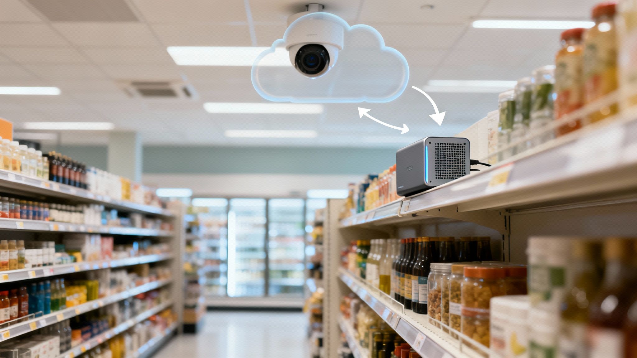Retail computer vision system in a supermarket aisle, featuring a camera, cloud, and edge device.