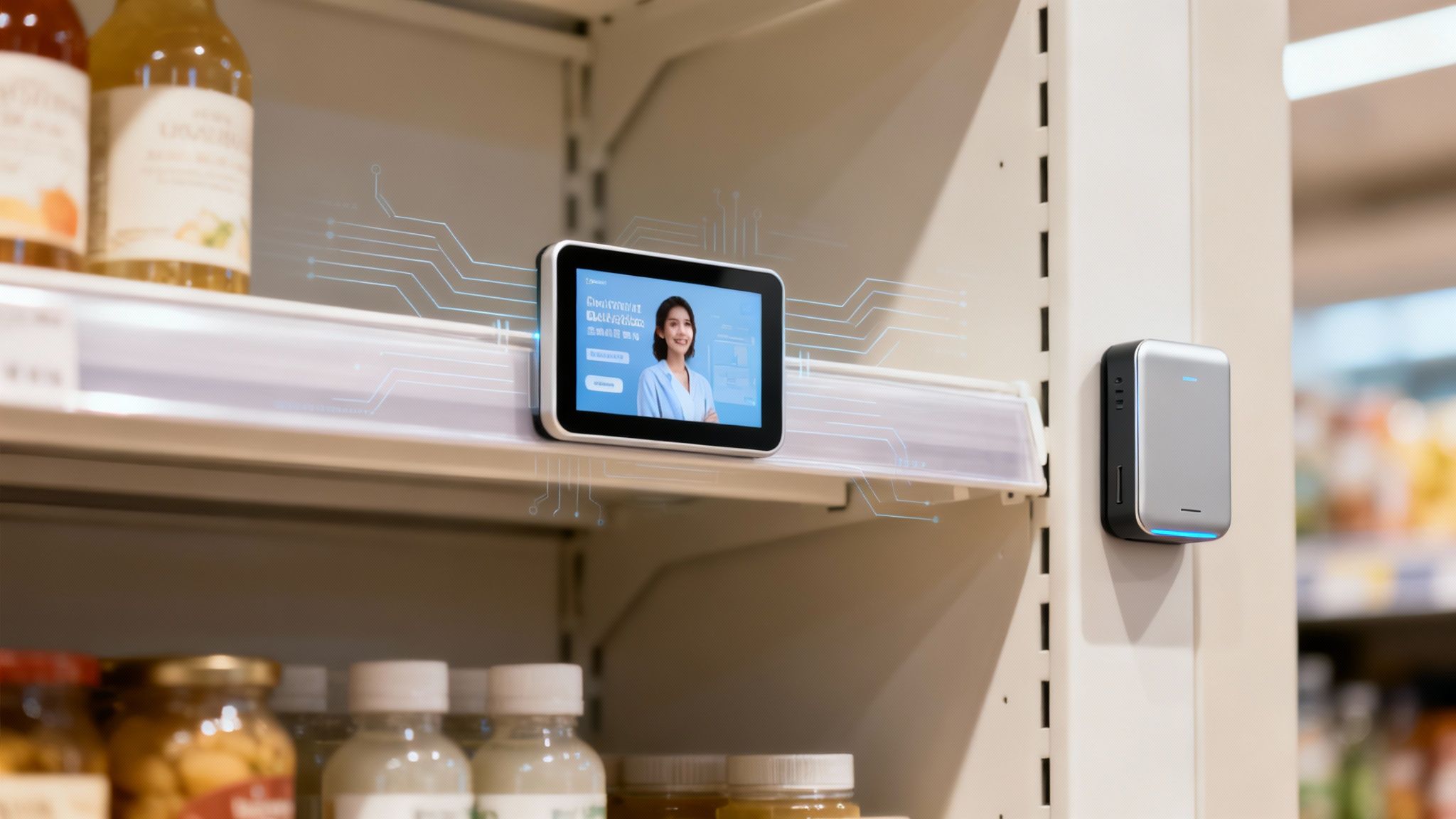 A digital retail media display on a smart store shelf, connected to an interactive device, showing products.