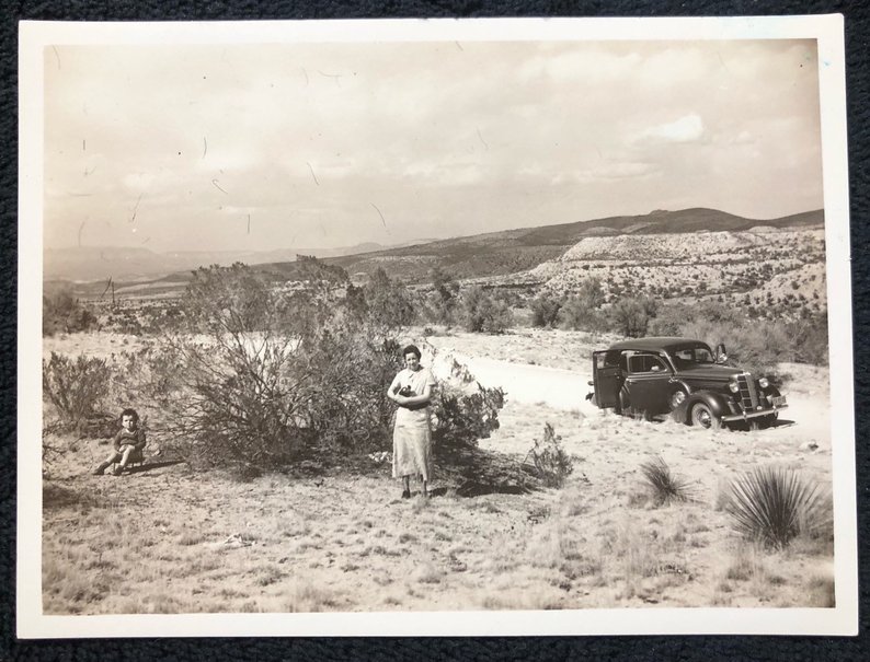 vintage photo, family on side of the road child pottying