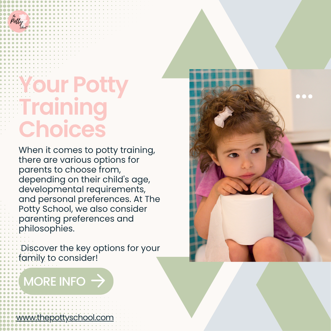Girl nervously sitting on the potty words include "Your Potty Training Choices: When it comes to potty training, there are various options for parents to choose from, depending on their child's age, developmental requirements, ad personal preferences. At The Potty School, we also consider parenting preferences and philosophies."