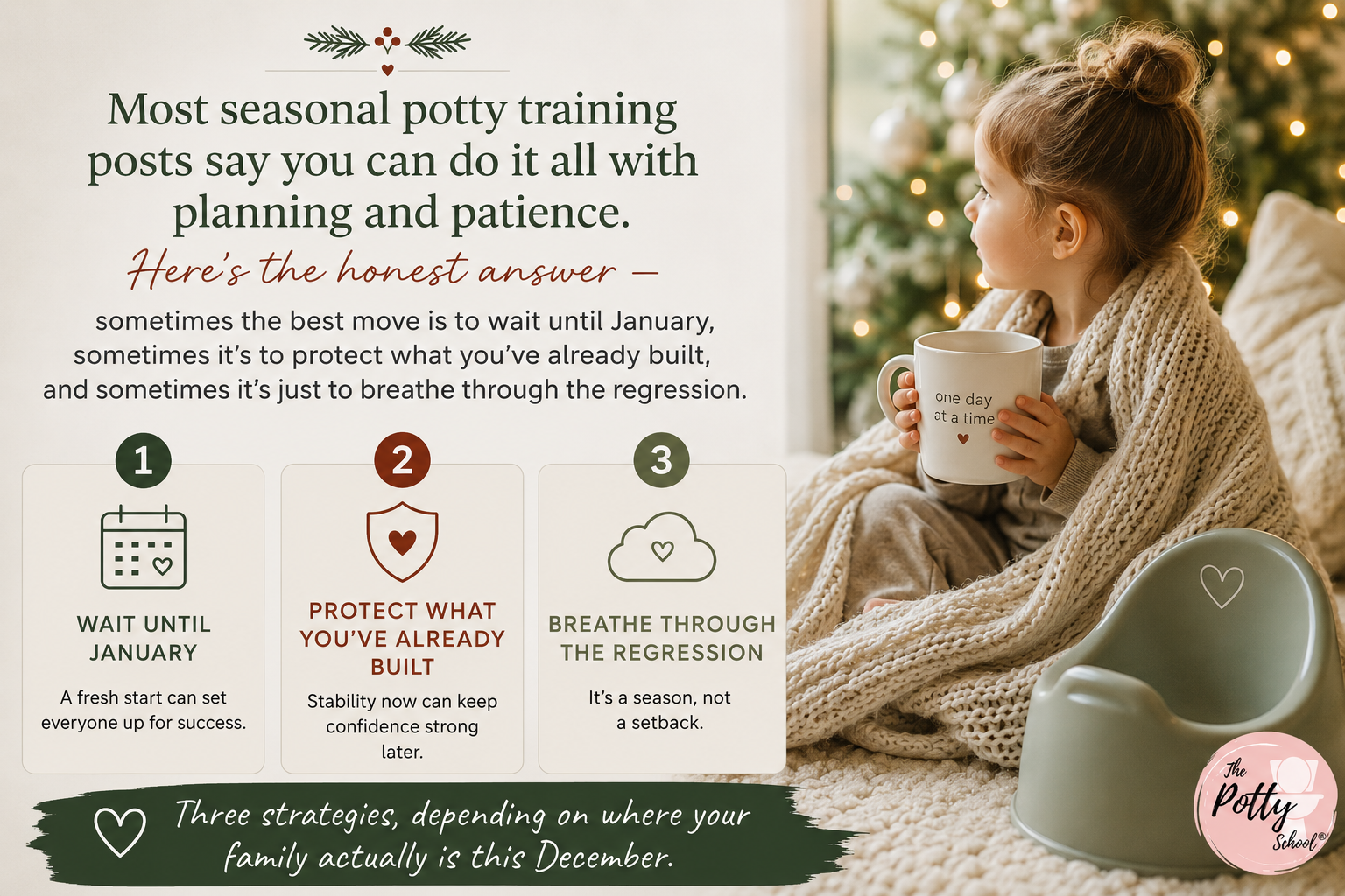 child with mug in front of Christmas tree,text says to wait until January to potty train.